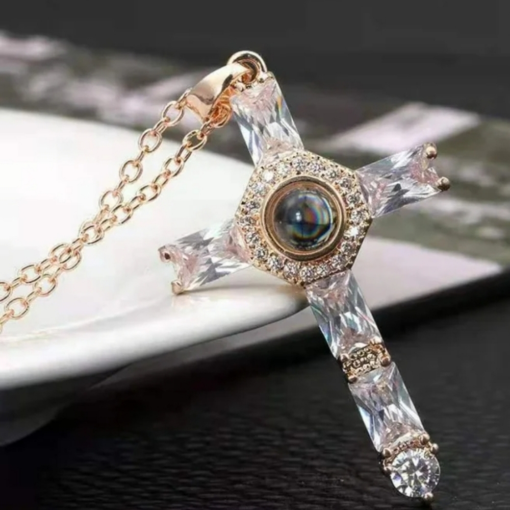 Dazzling Cubic Zirconia Diamond Cross Pendant with Necklace (Rose Gold)